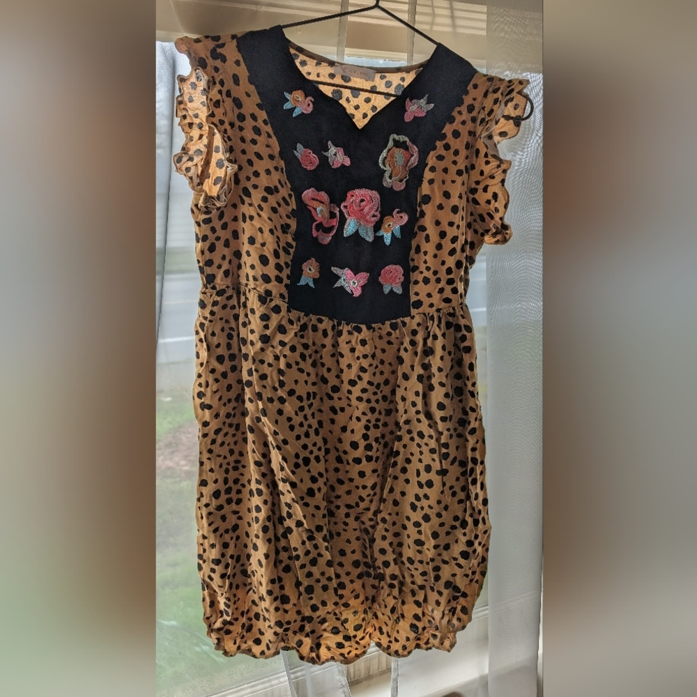 Leopard Print Dress with Floral Embroidery Size Small